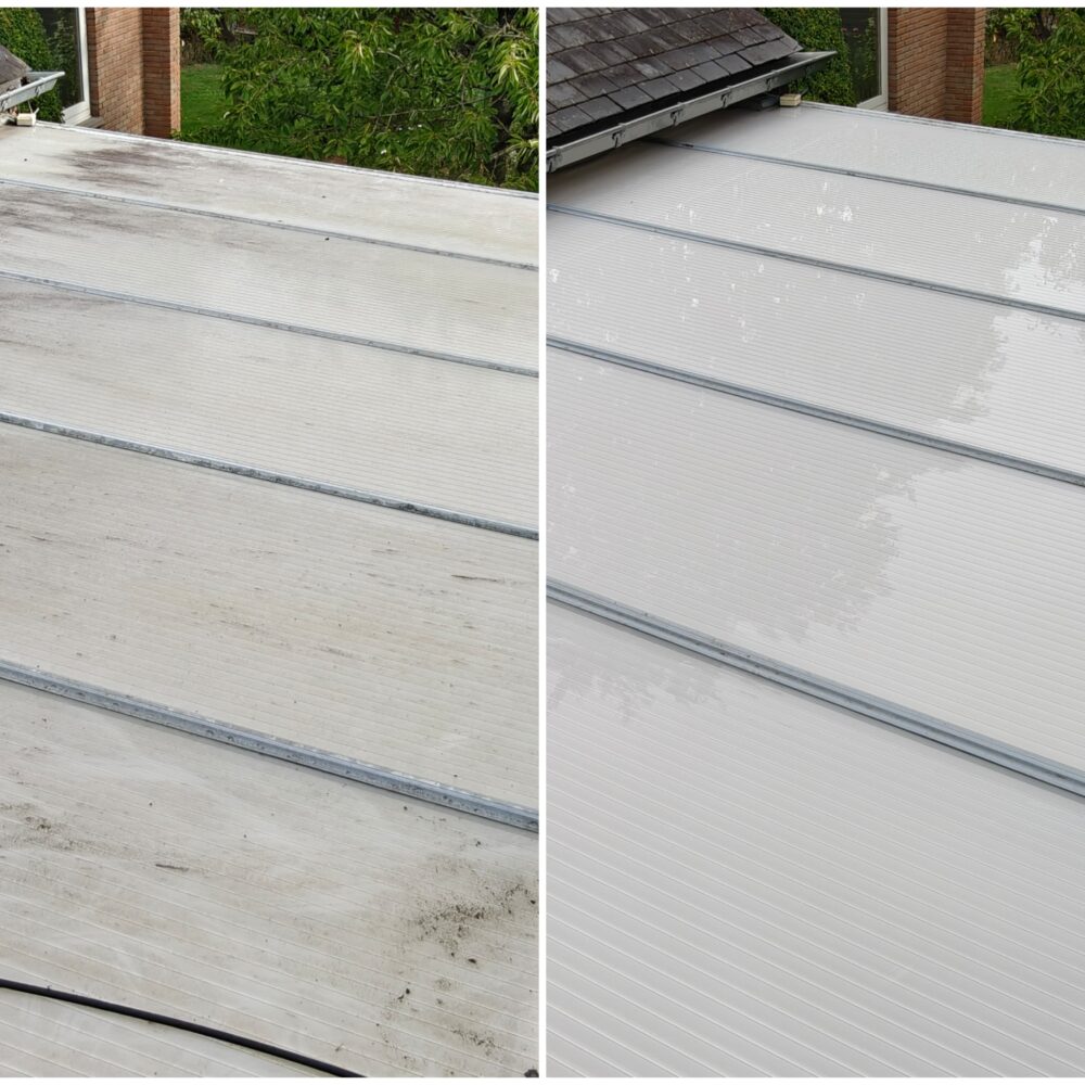 un avant et après nettoyage par Falco cleaning d'une toiture de Véranda en polycarbonate à Ohain dans le brabant wallon