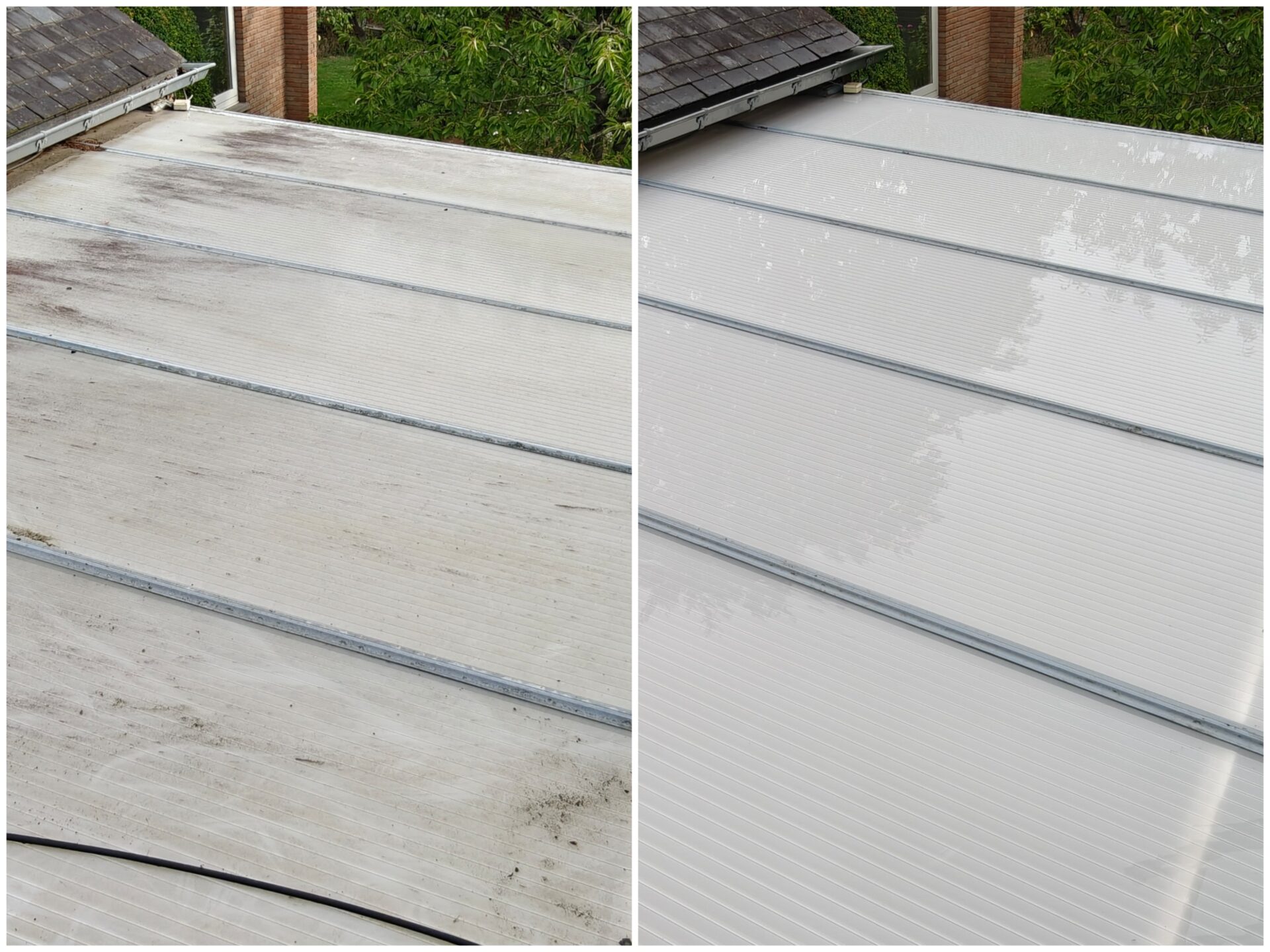 un avant et après nettoyage par Falco cleaning d'une toiture de Véranda en polycarbonate à Ohain dans le brabant wallon