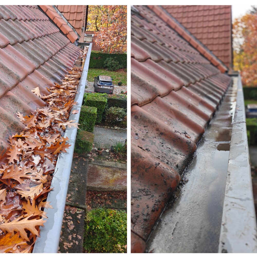 Avant-après du nettoyage d'une gouttière encombrée de feuilles mortes à Rhode-Saint-Genèse