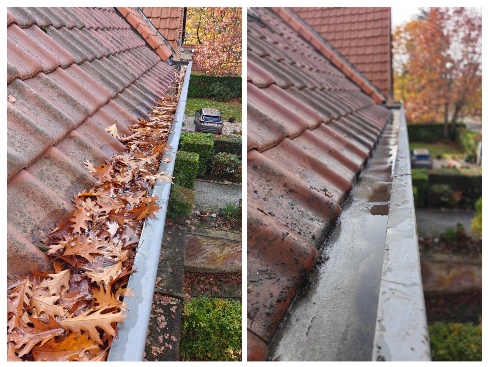 Avant-après du nettoyage d'une gouttière encombrée de feuilles mortes à Rhode-Saint-Genèse